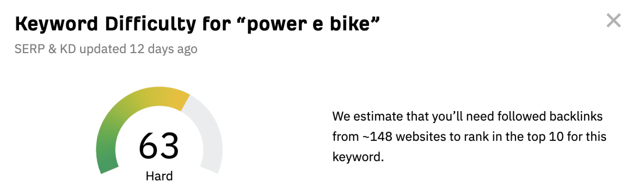 “power e bike”的 Ahrefs 关键词难度 (KD) 得分很高