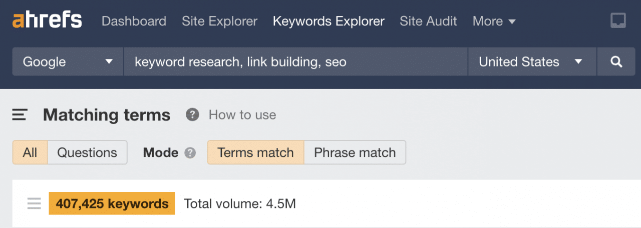 Ahrefs 关键字资源管理器中来自 SEO“种子”关键字的关键字提示数量 = 450 万