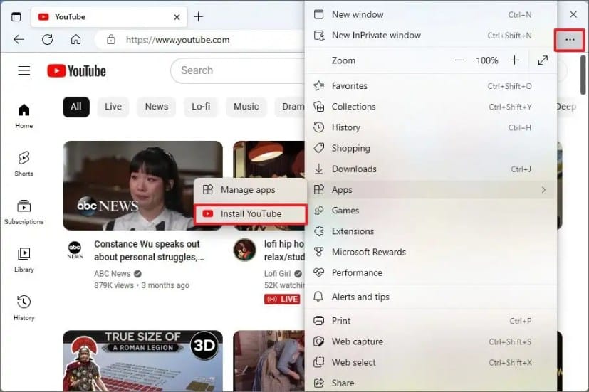 Microsoft Edge 安装 YouTube 应用