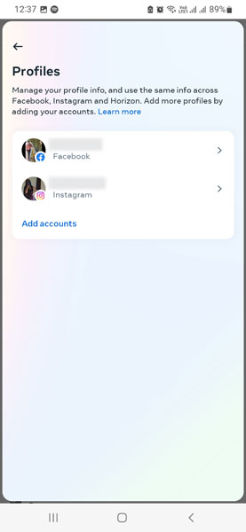 Facebook 移动应用元帐户中心中的个人资料列表