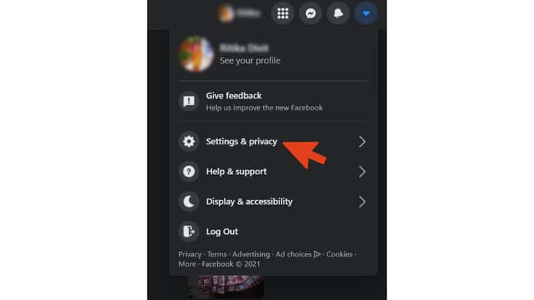Facebook 下拉菜单中的设置和隐私选项