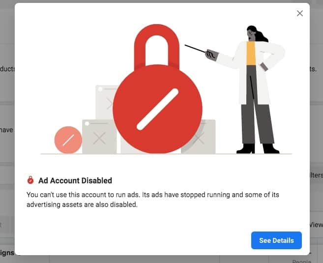 告知您的广告帐户已被禁用的 Facebook 消息的屏幕截图