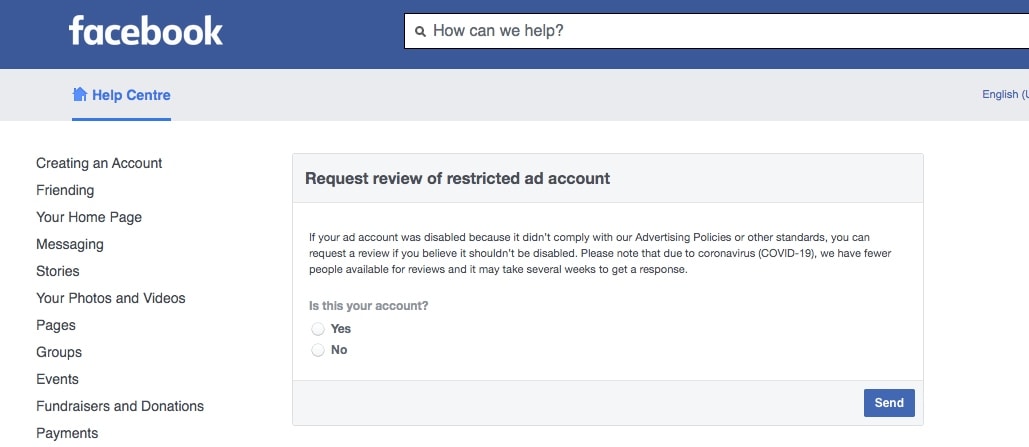 Facebook 帮助中心页面的屏幕截图，您可以在其中请求恢复广告帐户