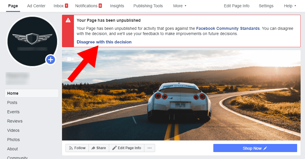 Facebook 消息的屏幕截图，告知您的企业页面未发布
