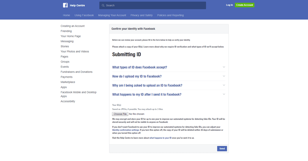 Facebook 帮助中心将要求您提交个人 ID