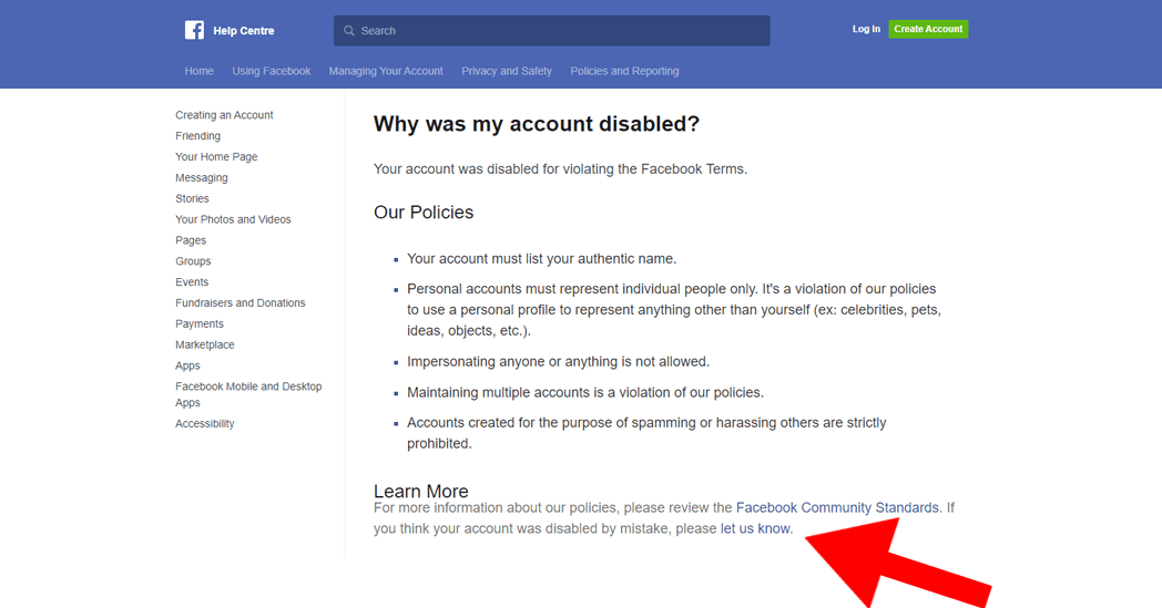 点击帮助中心的“让我们知道”以解锁您的个人 Facebook 页面